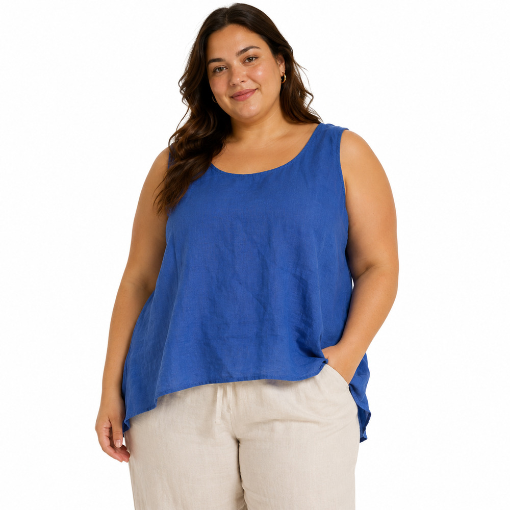 Grace Elements Womens Blue 100% Linen Sleeveless Top Shirt Blouse Coastal 1X